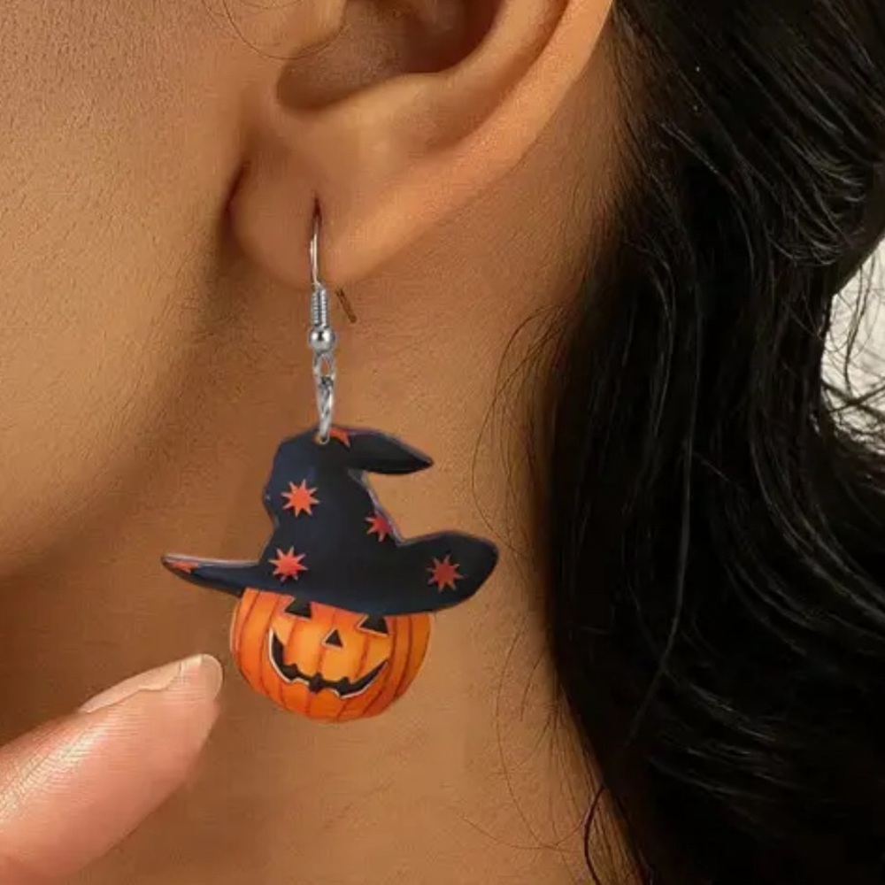 1 Pair Halloween Pumpkin Gentleman Earrings with Black Witch Hat, Acrylic Drop